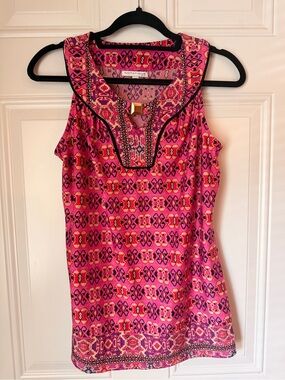 Notations Pink & Purple Geometric Sleeveless Tunic with Embroidered Neckline